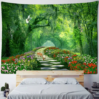 Psychedelic bamboo forest pigeon path tapestry bedroom wall decor