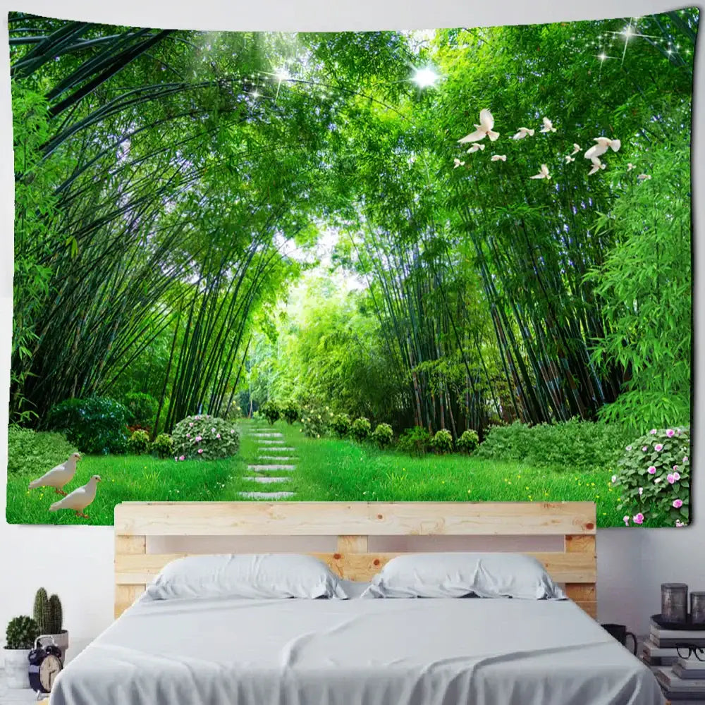 Psychedelic bamboo forest pigeon path tapestry bedroom wall decor