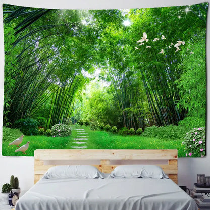 Psychedelic bamboo forest pigeon path tapestry bedroom wall decor
