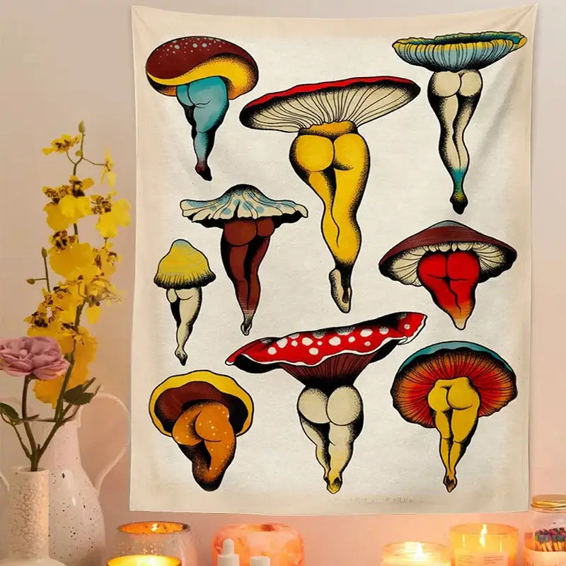Psychedelic beige mushroom girl tapestry bedroom wall decor
