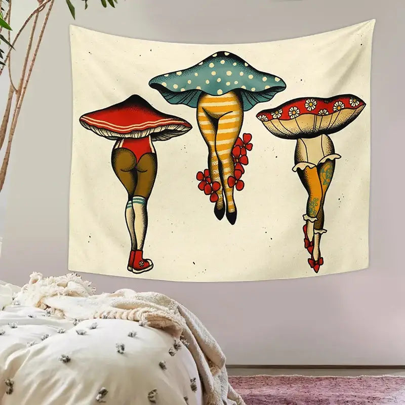 Psychedelic beige mushroom girl tapestry bedroom wall decor