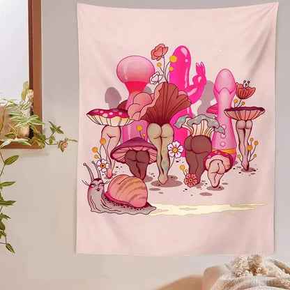 Psychedelic beige mushroom girl tapestry bedroom wall decor
