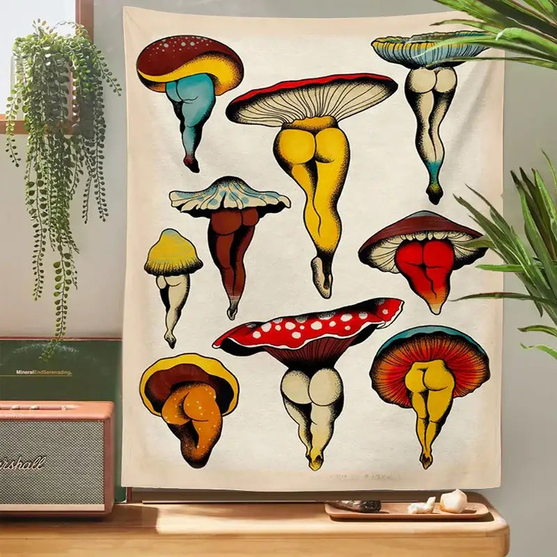 Psychedelic beige mushroom girl tapestry bedroom wall decor