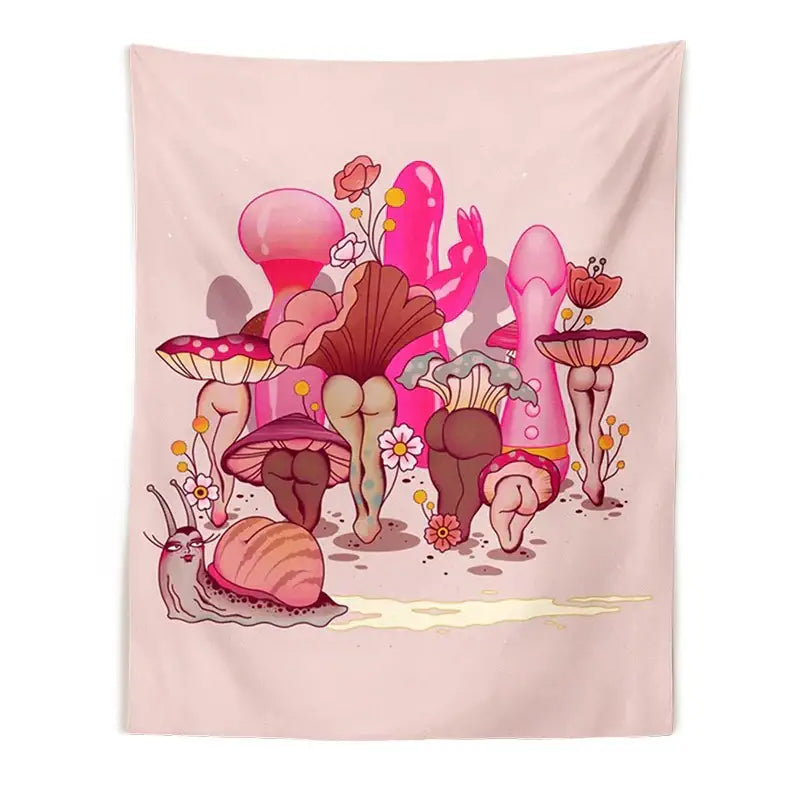 Psychedelic beige mushroom girl tapestry bedroom wall decor