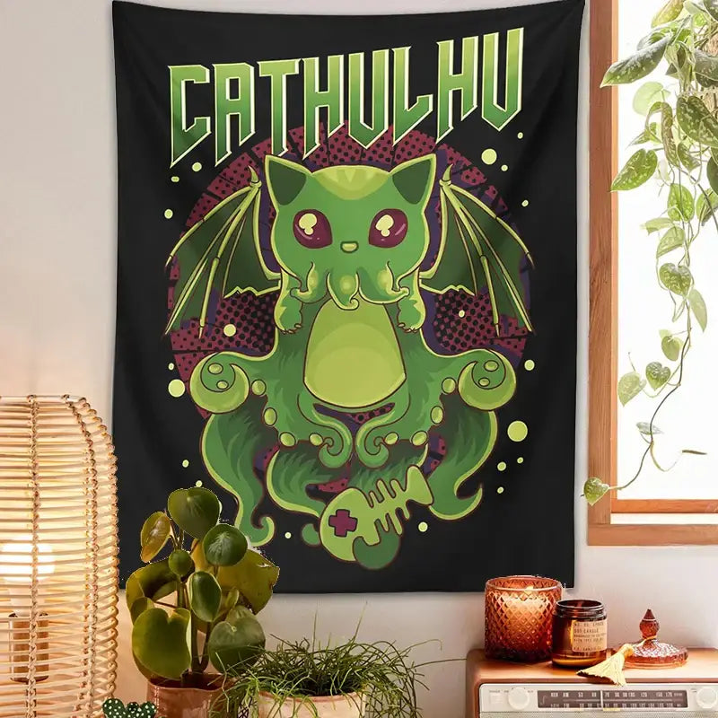Psychedelic black and green cat cthulhu tapestry wall hanging bedroom