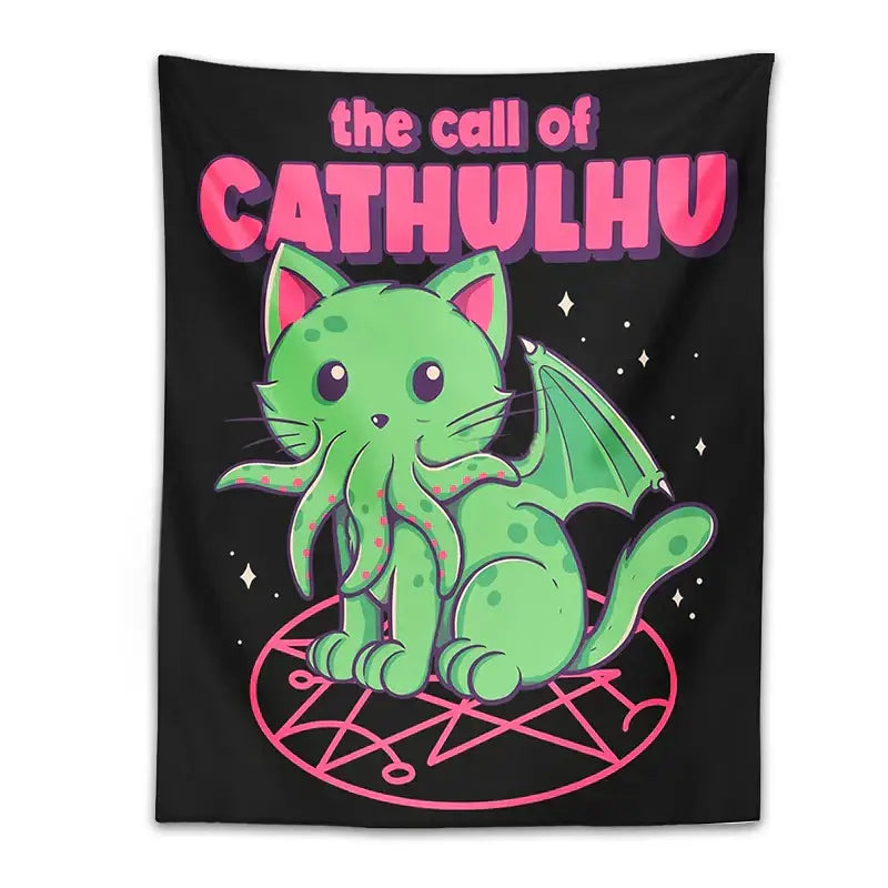 Psychedelic black and green cat cthulhu tapestry wall hanging bedroom