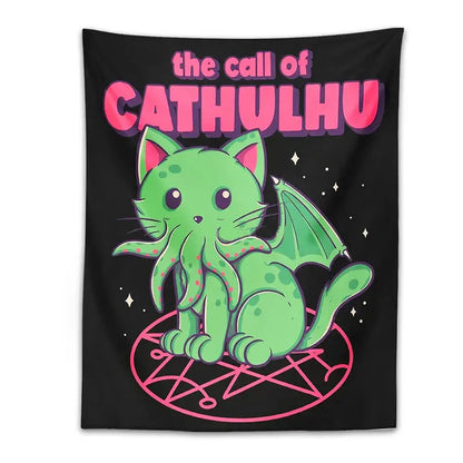 Psychedelic black and green cat cthulhu tapestry wall hanging bedroom