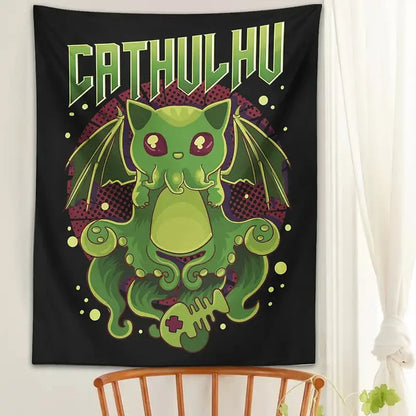Psychedelic black and green cat cthulhu tapestry wall hanging bedroom