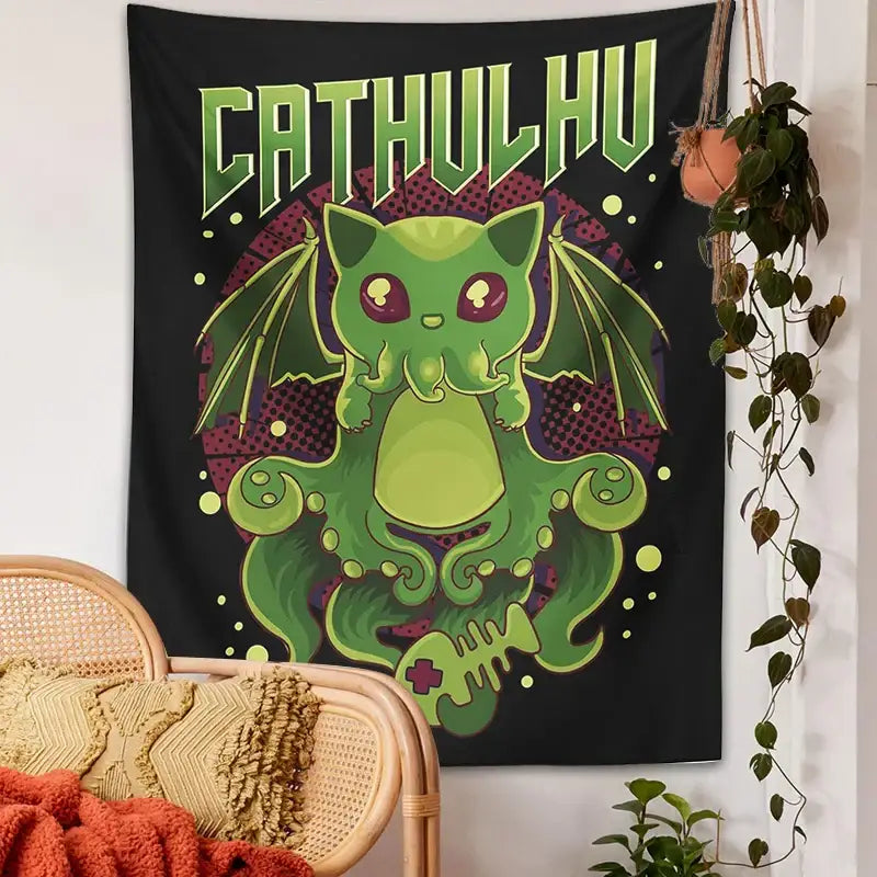 Psychedelic black and green cat cthulhu tapestry wall hanging bedroom
