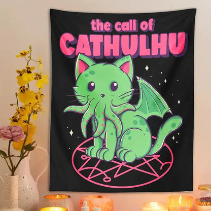 Psychedelic black and green cat cthulhu tapestry wall hanging bedroom