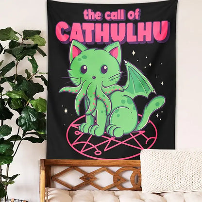 Psychedelic black and green cat cthulhu tapestry wall hanging bedroom