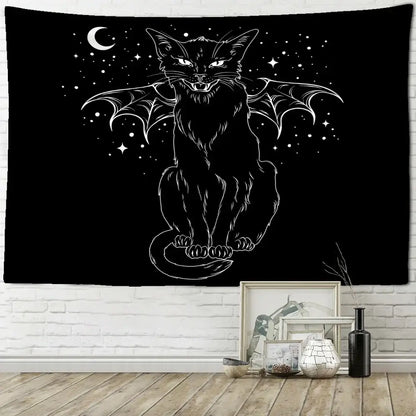 Psychedelic black cat wall hanging bedroom bat wing tapestry