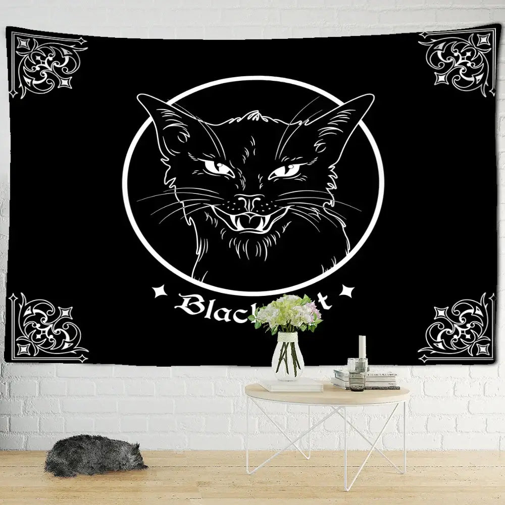Psychedelic black cat wall hanging bedroom bat wing tapestry