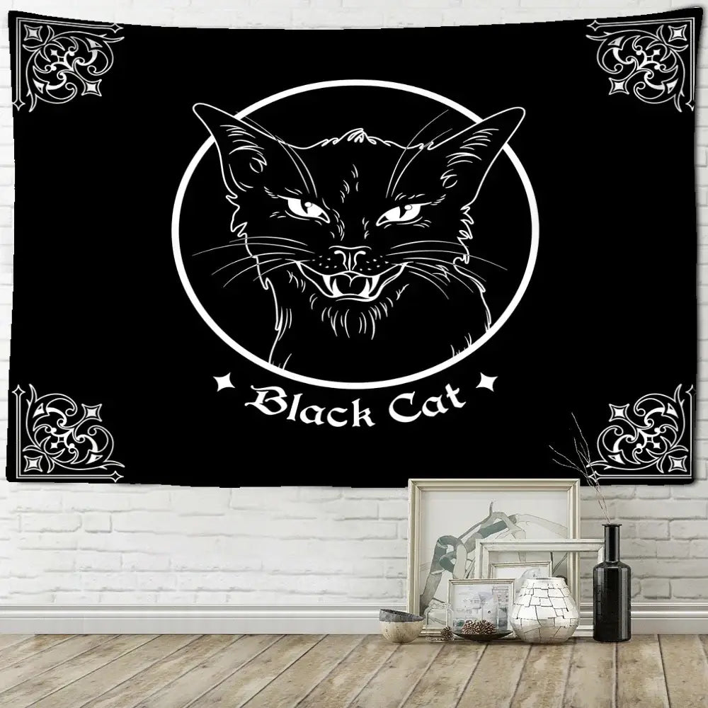 Psychedelic black cat wall hanging bedroom bat wing tapestry