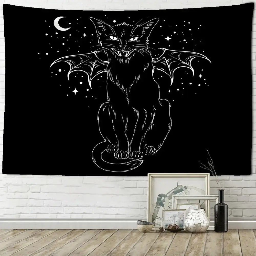 Psychedelic black cat wall hanging bedroom bat wing tapestry
