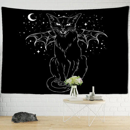 Psychedelic black cat wall hanging bedroom bat wing tapestry