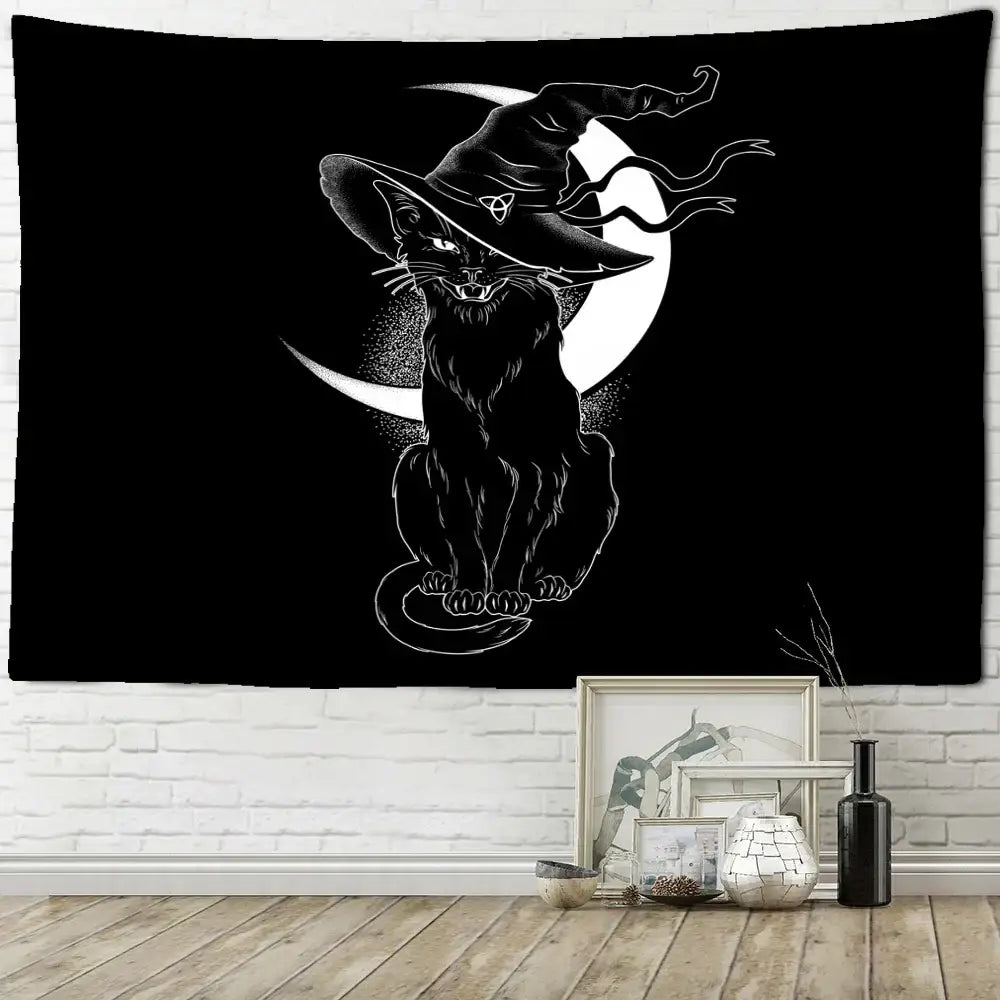Psychedelic black cat wall hanging bedroom bat wing tapestry
