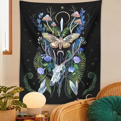 Psychedelic deer skull mushroom moon tapestry bedroom wall hanging