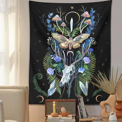 Psychedelic deer skull mushroom moon tapestry bedroom wall hanging