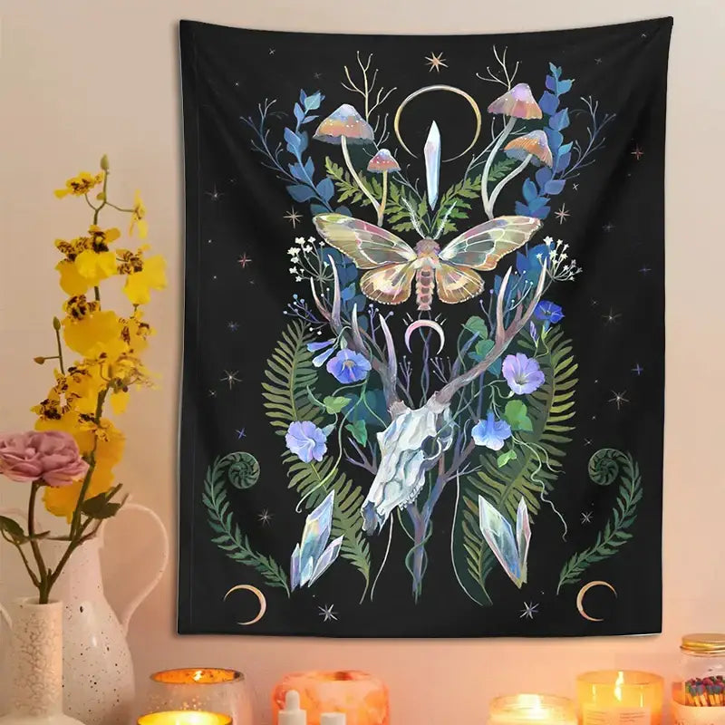 Psychedelic deer skull mushroom moon tapestry bedroom wall hanging