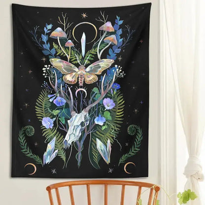 Psychedelic deer skull mushroom moon tapestry bedroom wall hanging