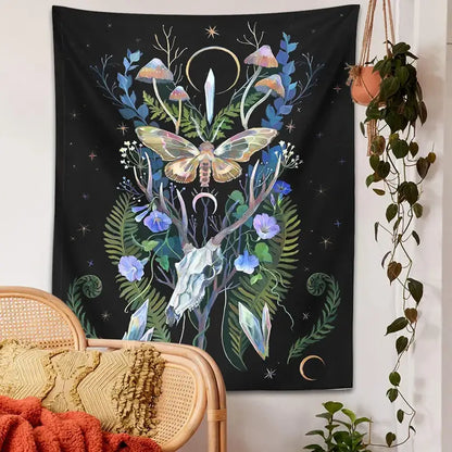 Psychedelic deer skull mushroom moon tapestry bedroom wall hanging