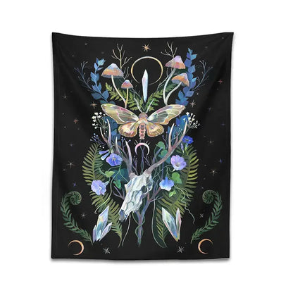 Psychedelic deer skull mushroom moon tapestry bedroom wall hanging