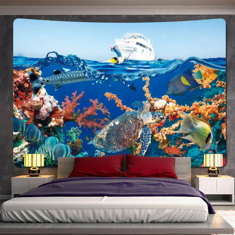 Psychedelic dolphin underwater coral reef tapestry bedroom wall decor
