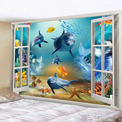 Psychedelic dolphin underwater coral reef tapestry bedroom wall decor