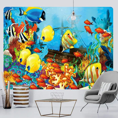 Psychedelic dolphin underwater coral reef tapestry bedroom wall decor