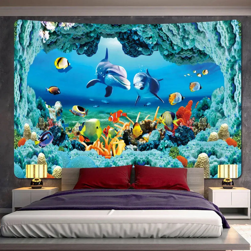Psychedelic dolphin underwater coral reef tapestry bedroom wall decor