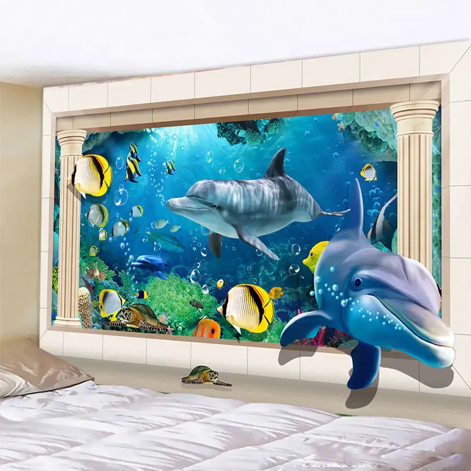 Psychedelic dolphin underwater coral reef tapestry bedroom wall decor