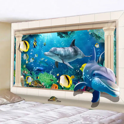 Psychedelic dolphin underwater coral reef tapestry bedroom wall decor