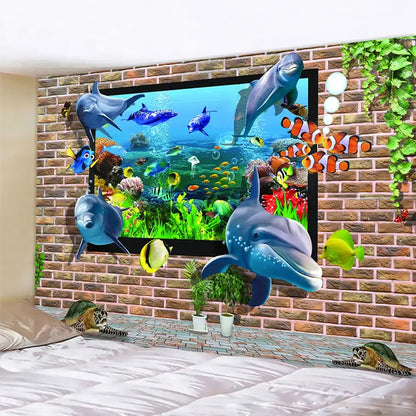 Psychedelic dolphin underwater coral reef tapestry bedroom wall decor