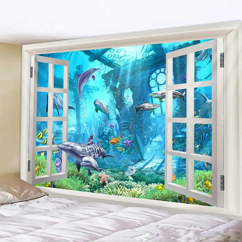 Psychedelic dolphin underwater coral reef tapestry bedroom wall decor