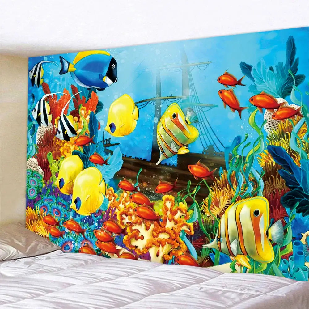 Psychedelic dolphin underwater coral reef tapestry bedroom wall decor