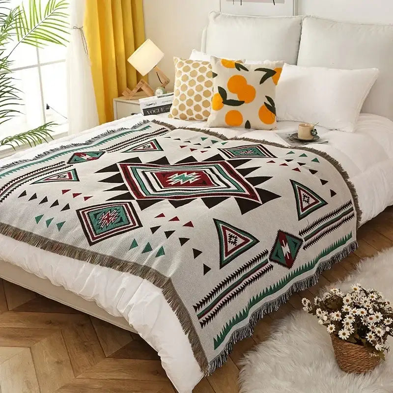 Psychedelic ethnic tapestry sofa blanket olive & pink living room