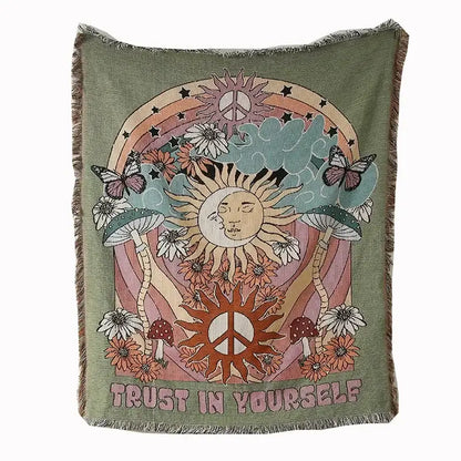 Psychedelic ethnic tapestry sofa blanket olive & pink living room