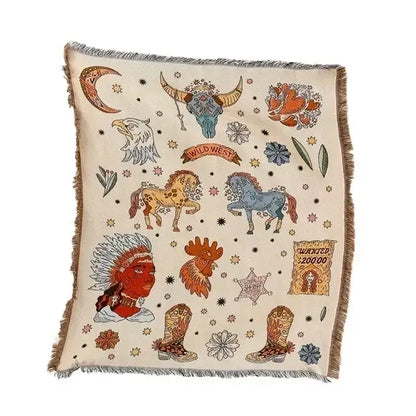 Psychedelic ethnic tapestry sofa blanket olive & pink living room