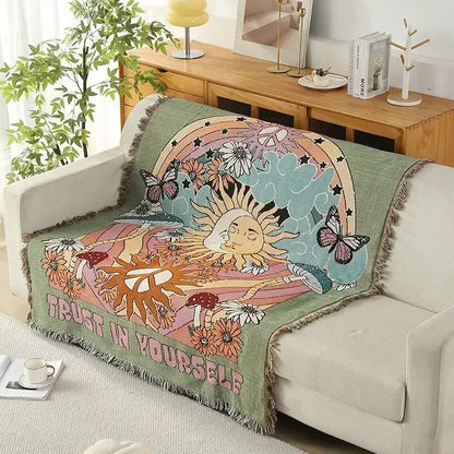 Psychedelic ethnic tapestry sofa blanket olive & pink living room
