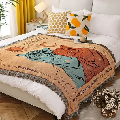 Psychedelic ethnic tapestry sofa blanket olive & pink living room
