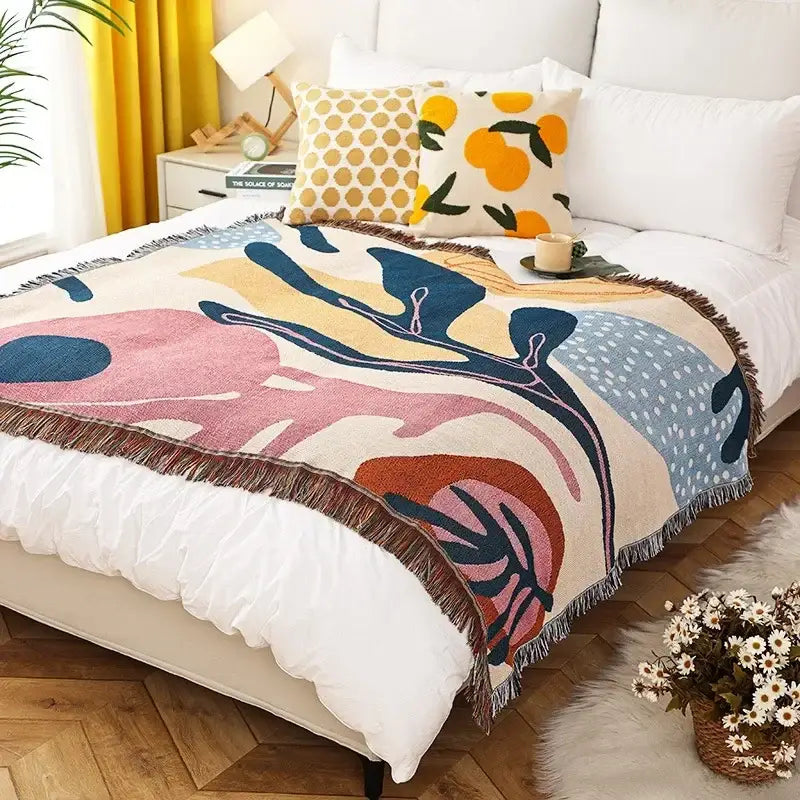 Psychedelic ethnic tapestry sofa blanket olive & pink living room
