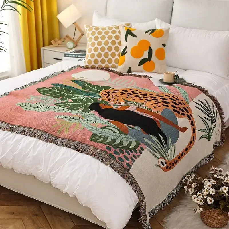 Psychedelic ethnic tapestry sofa blanket olive & pink living room