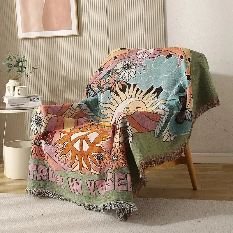Psychedelic ethnic tapestry sofa blanket olive & pink living room