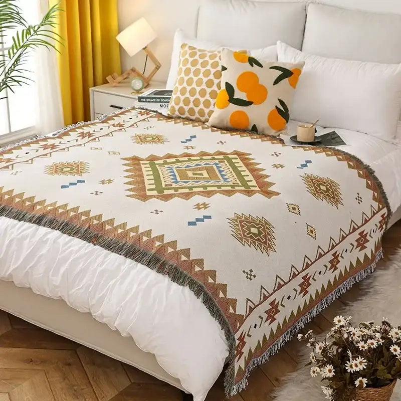 Psychedelic ethnic tapestry sofa blanket olive & pink living room