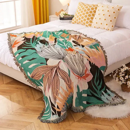 Psychedelic ethnic tapestry sofa blanket olive & pink living room