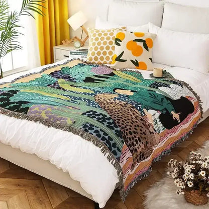 Psychedelic ethnic tapestry sofa blanket olive & pink living room