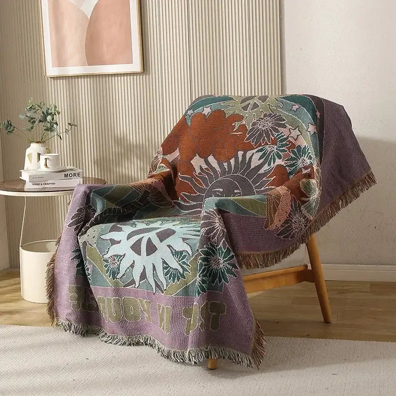 Psychedelic ethnic tapestry sofa blanket olive & pink living room