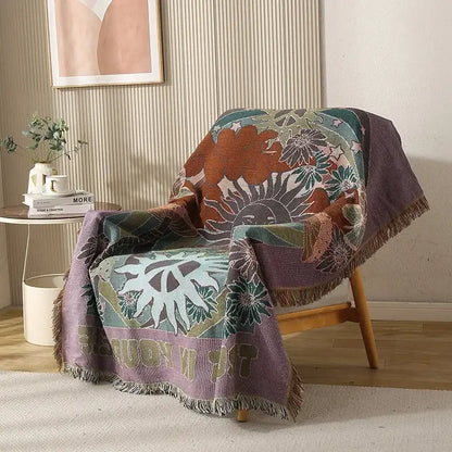 Psychedelic ethnic tapestry sofa blanket olive & pink living room