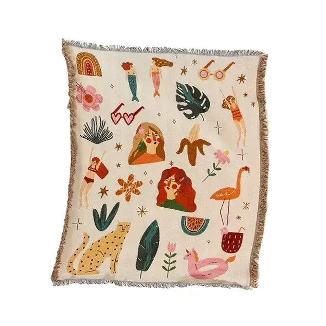 Psychedelic ethnic tapestry sofa blanket olive & pink living room